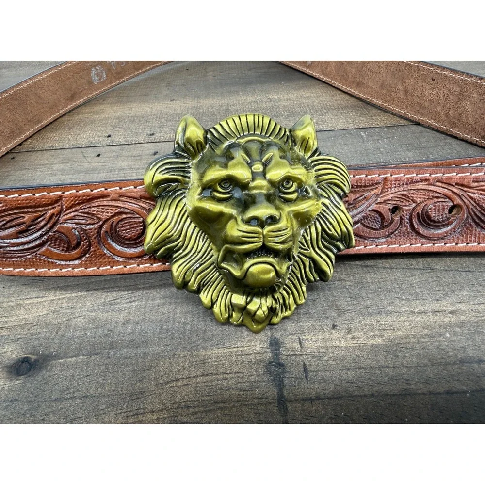 Vintage Lion‎ Head Buckle Belt Full Grain Leather Tooled Western USA Size 48